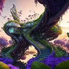 Enchanted forest treehouse with swirling architecture and vibrant purple hue