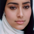 Portrait of woman with headscarf, dark eyes, defined eyebrows, natural makeup