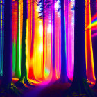 Colorful mystical forest with neon-lit trees and radiant particles