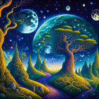 Fantastical landscape with whimsical trees and celestial moons, stars, and nebula.