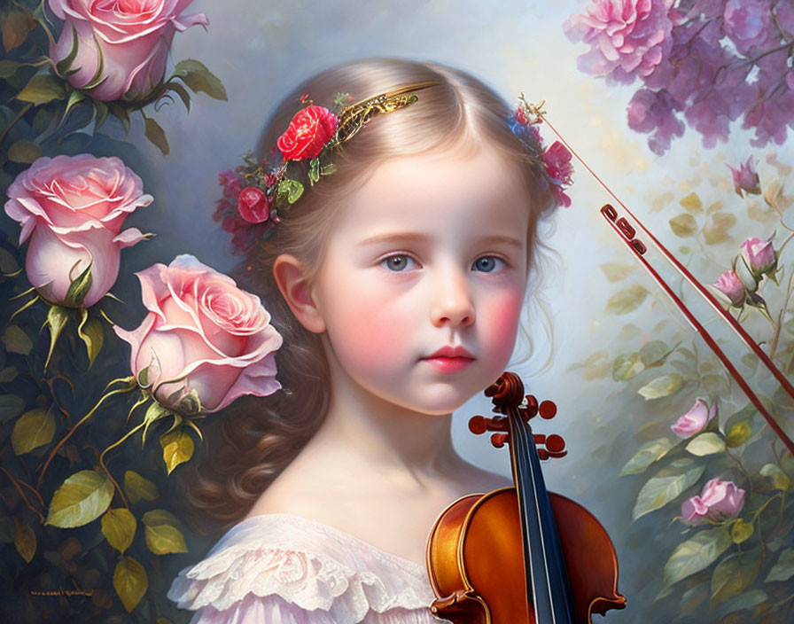 Young girl with violin and rose headband among pink roses