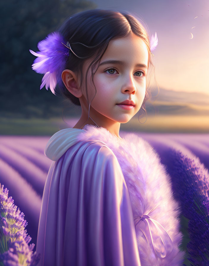 Young girl with dark hair in lavender field at sunset.