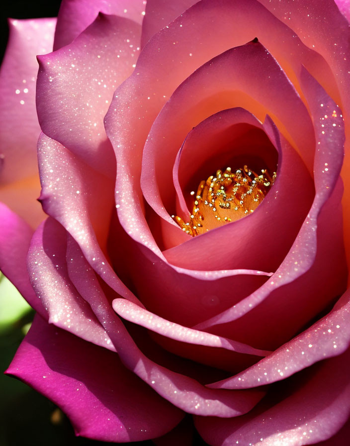 Detailed view of pink rose with dewdrops showcasing delicate petals and vivid stamen