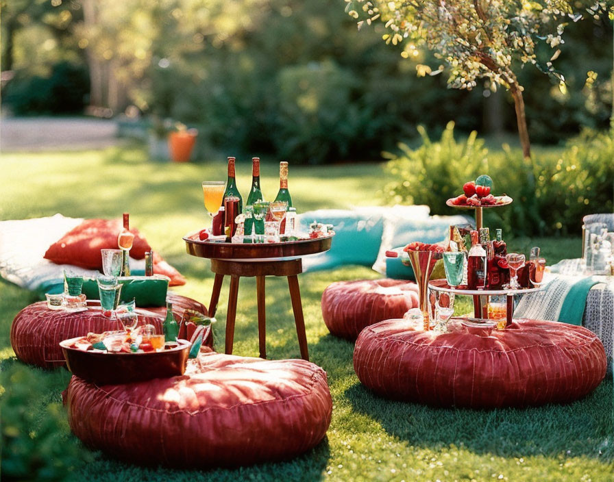 Sunny garden picnic setup with tables, drinks, snacks, and cushions