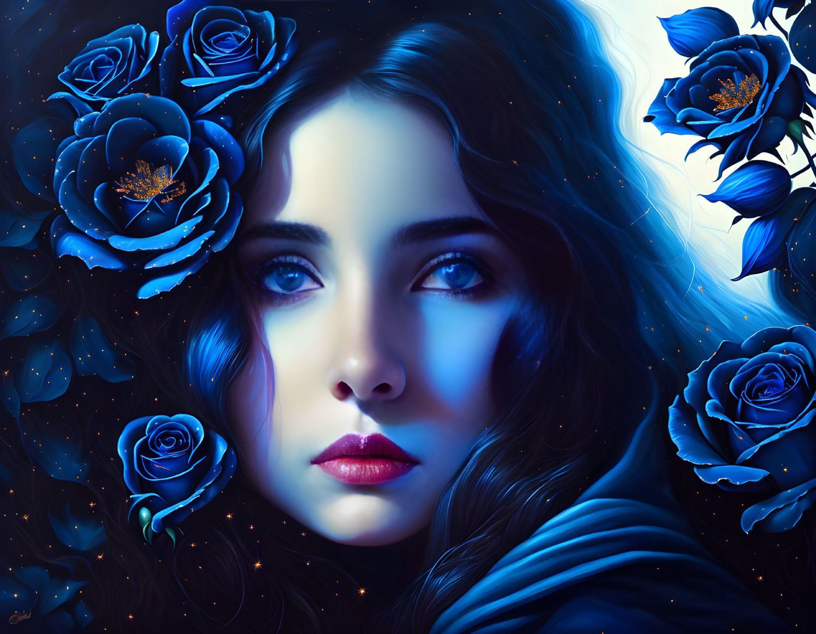 Digital Artwork: Woman with Blue Roses on Dark Blue Background