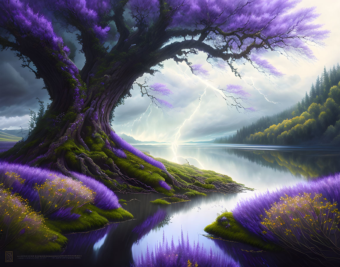 Mystical landscape with large tree, purple foliage, lightning, calm lake, hills