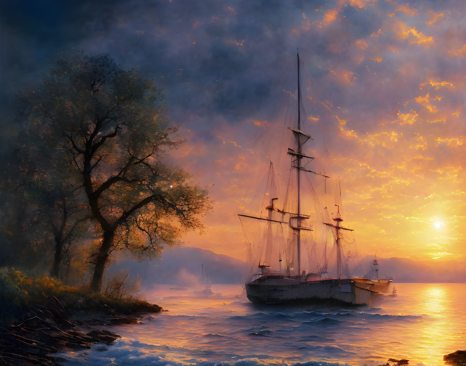 Majestic sailing ship at sunset with orange clouds and tree silhouette