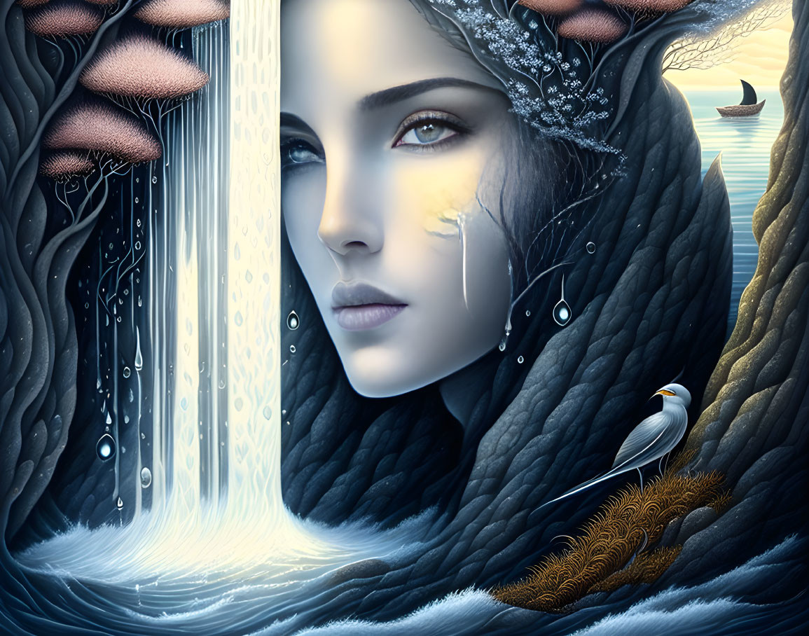 Digital artwork: Woman's face merges with tree in mystical landscape