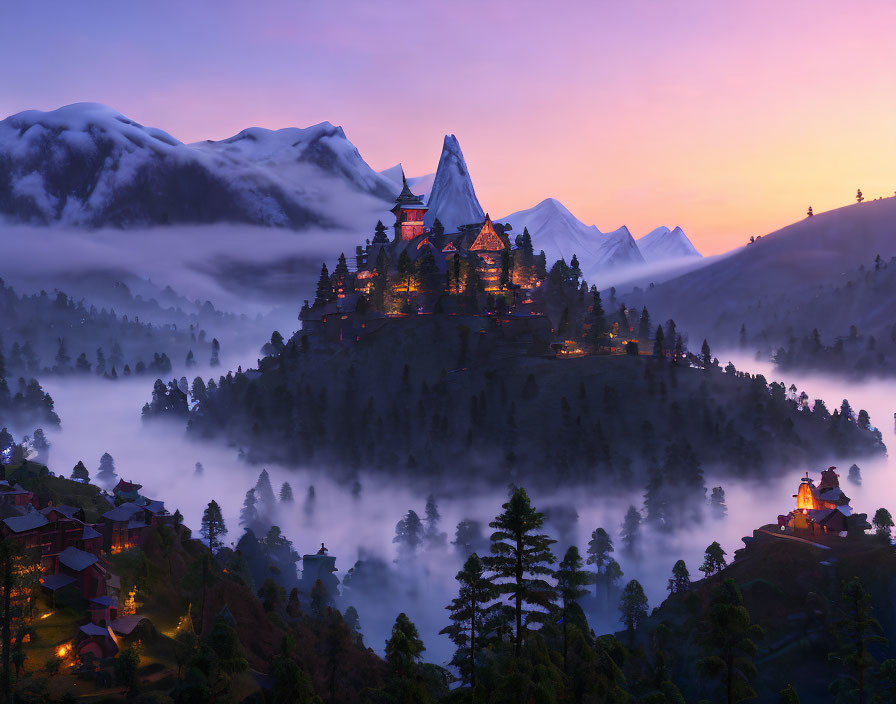 Twilight castle on hill amid fog, forests, snow-capped mountains