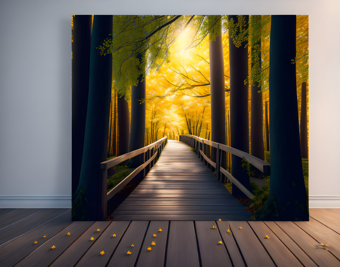 Canvas Print: Wooden Bridge in Autumn Forest on Wall