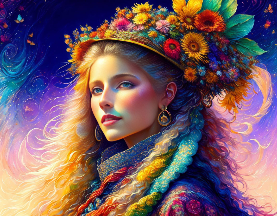 Colorful digital artwork of a woman with floral crown and flowing hair