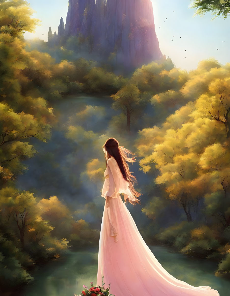 Woman in Pink Dress Looking at Towering Cliff and Golden Trees