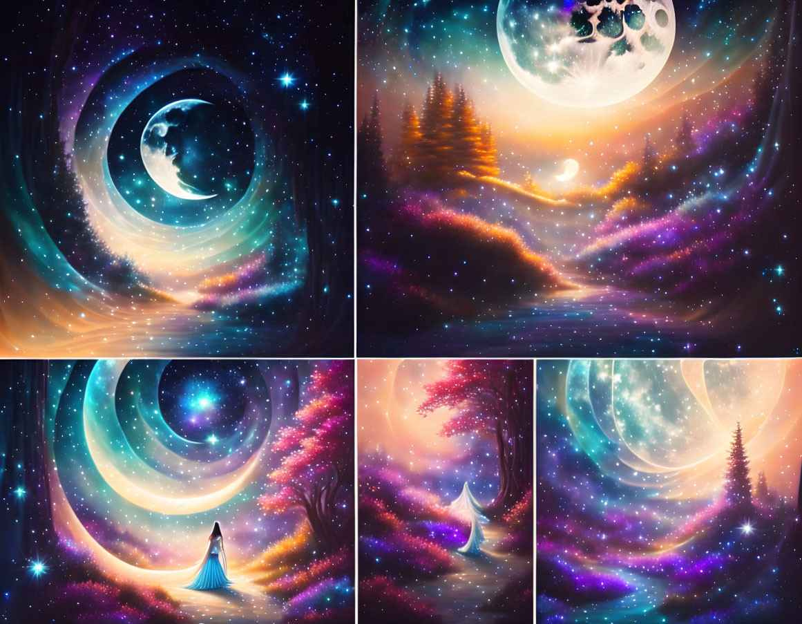 Surreal cosmic landscapes with starry skies, mystical trees, moons, and a figure.