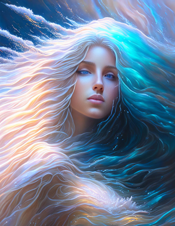 Surreal image: Woman with flowing blue and white hair on cosmic background