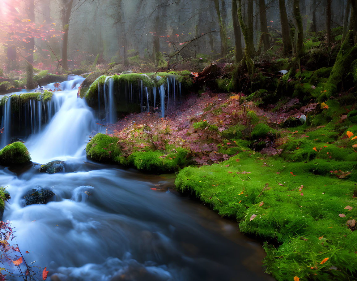 Tranquil forest landscape with waterfall, moss, leaves, and mist