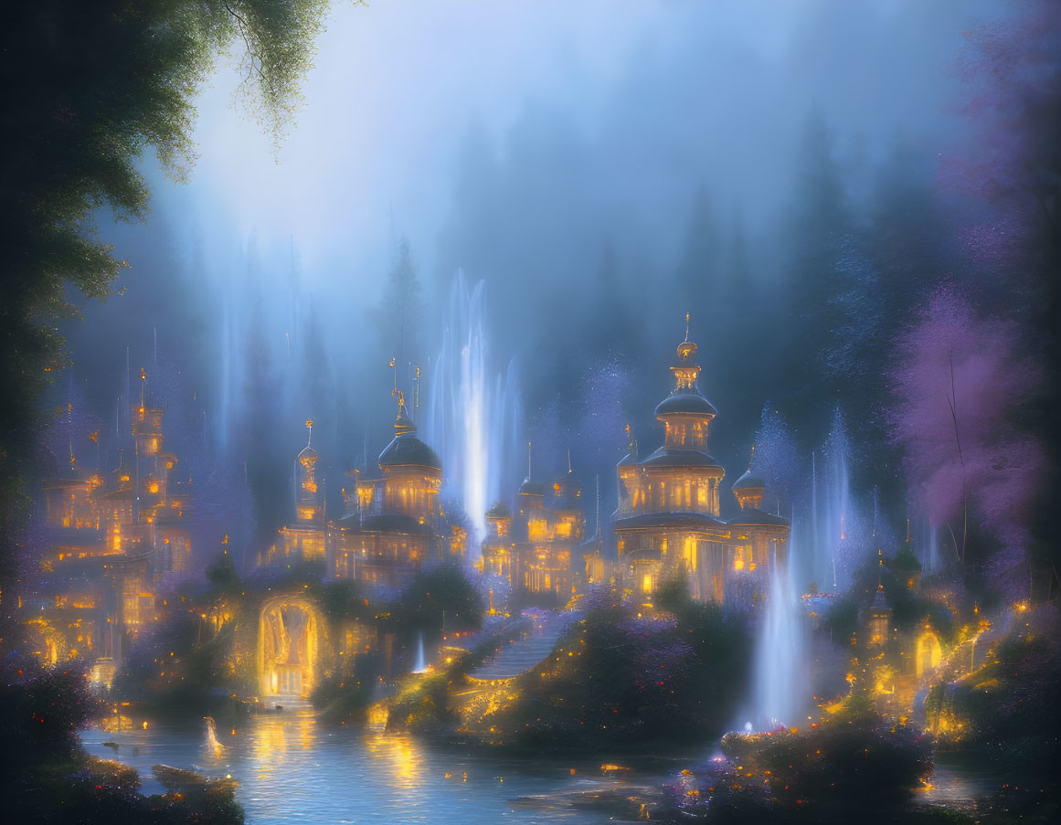 Illuminated ornate buildings in mystical twilight setting