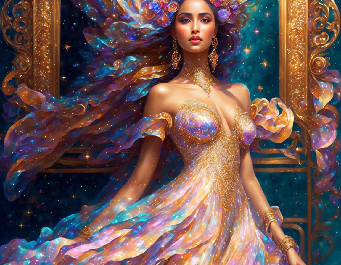 Illustrated woman in ornate dress with flowing hair in celestial setting