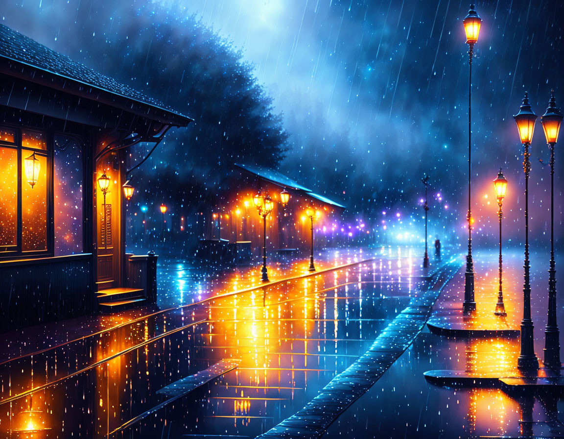 Vintage lamps illuminate rainy train station scene