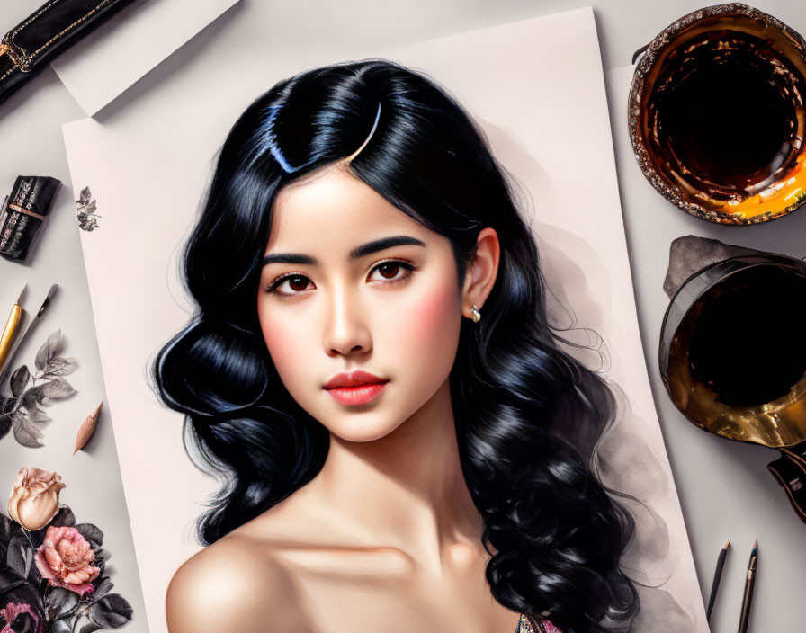 Sophisticated woman with black wavy hair and fair skin among painting supplies.