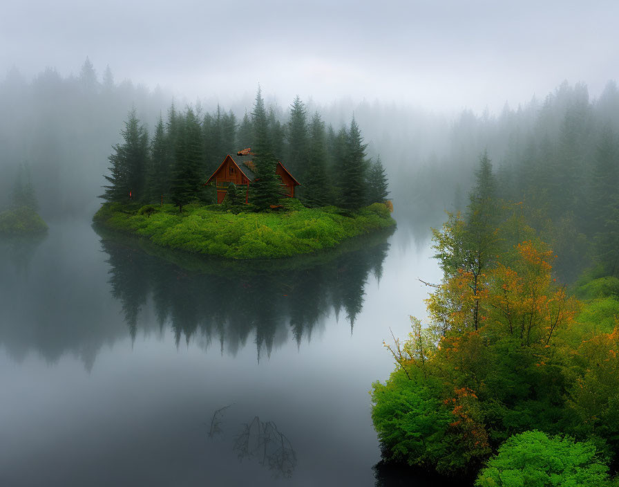 Tranquil misty landscape with cabin on island among evergreen trees