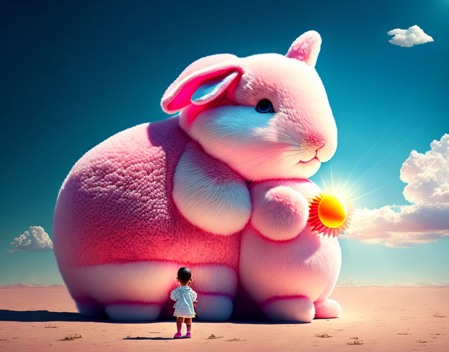 Child with pink rabbit and bright orb under vivid sky