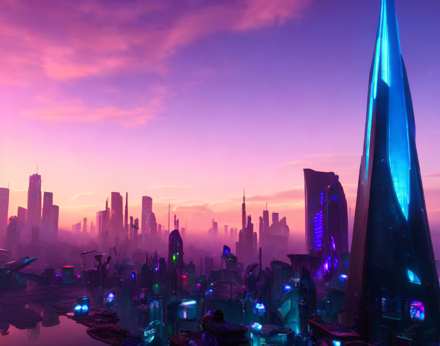 Futuristic city skyline at dusk with neon lights, skyscrapers, and flying vehicles