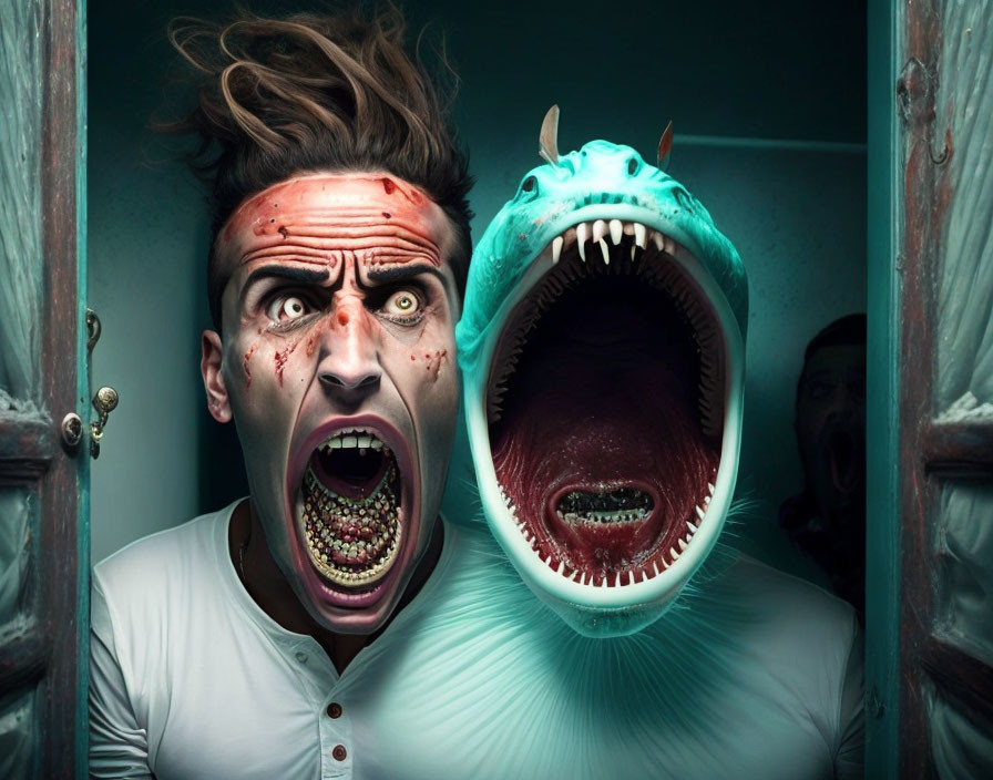 Man with peeled face paint screams at monstrous creature behind door