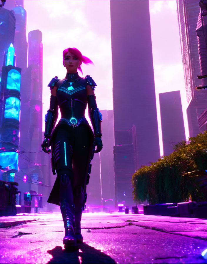 Futuristic warrior with pink hair in neon-blue lit armor in cyberpunk cityscape