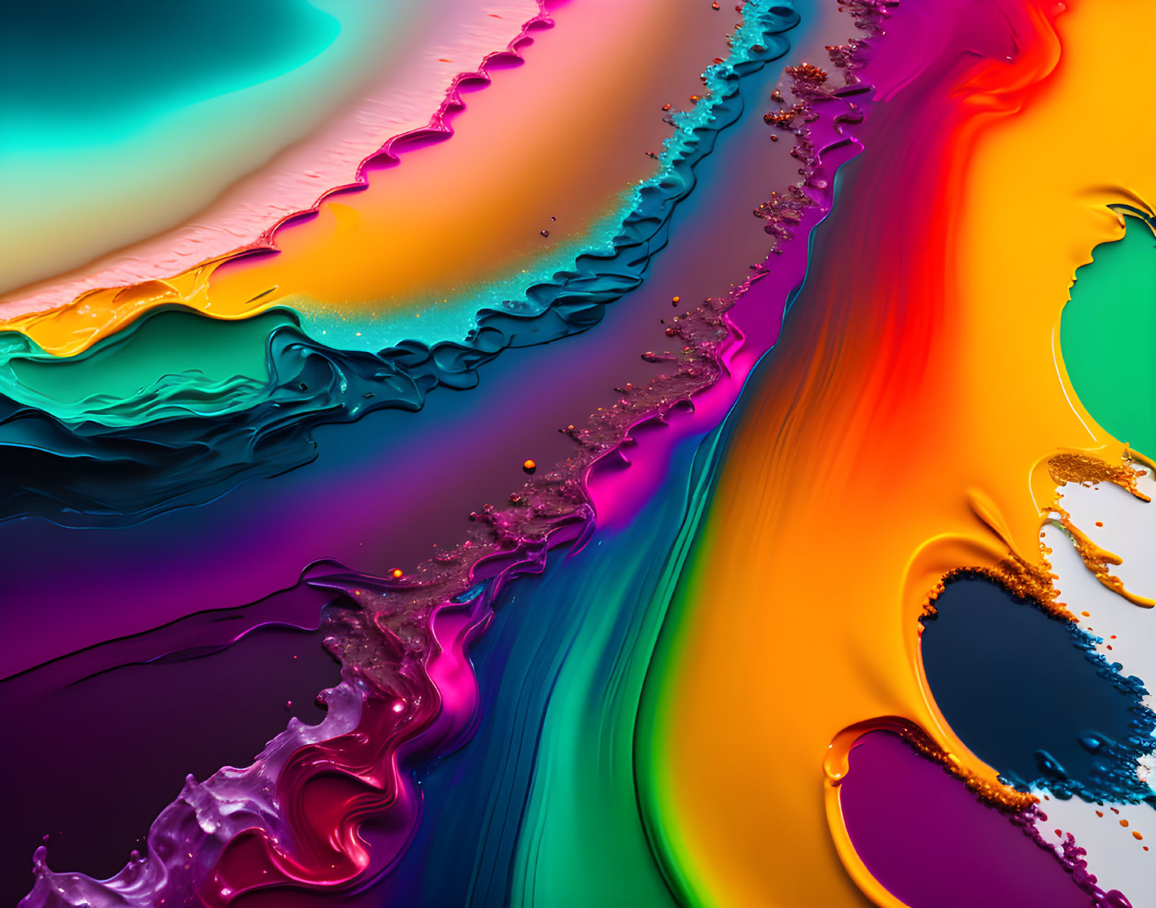 Colorful Abstract Liquid Waves with Metallic Textures and Droplets