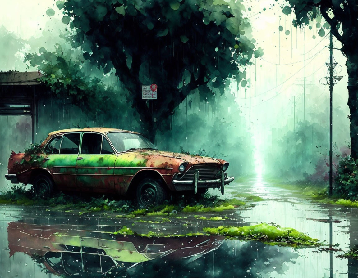 Abandoned rusty car on wet street in heavy rain with lush greenery