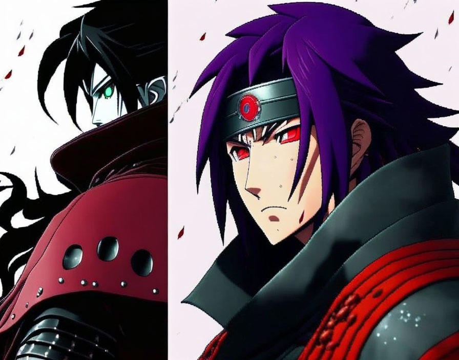 Split image of two animated characters with black hair and red details