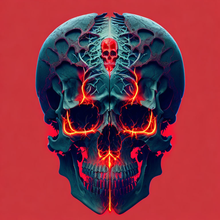 Human skull with glowing red skull and fiery patterns on red background