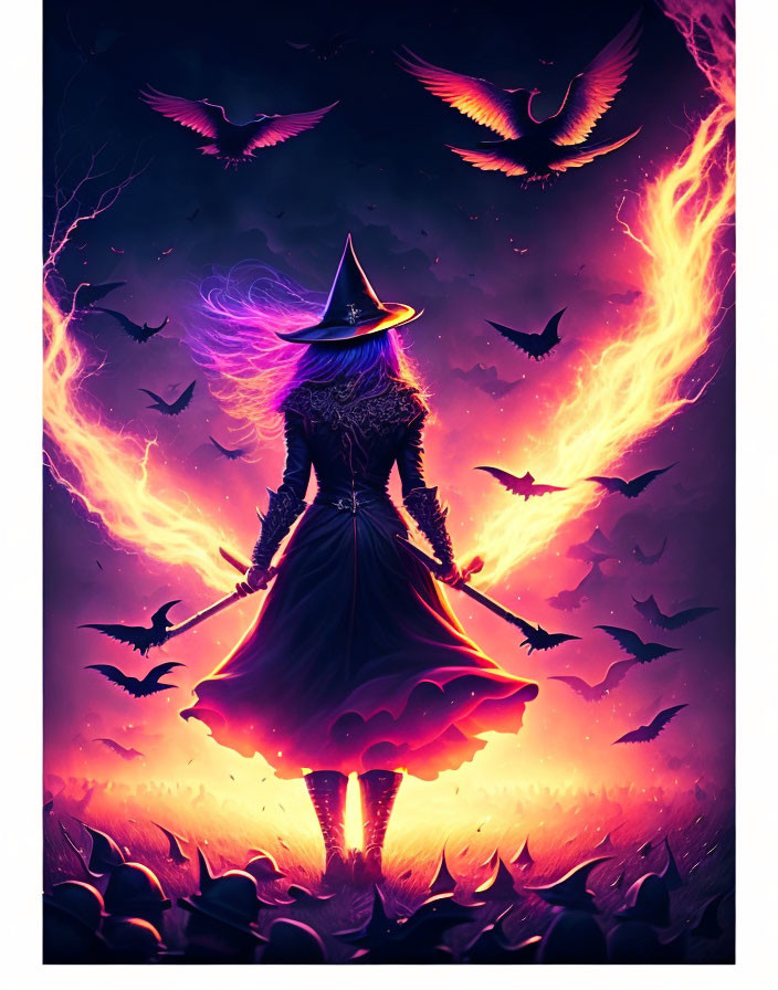 Mystical figure in hat and dress surrounded by birds in fiery glow on purple-orange backdrop