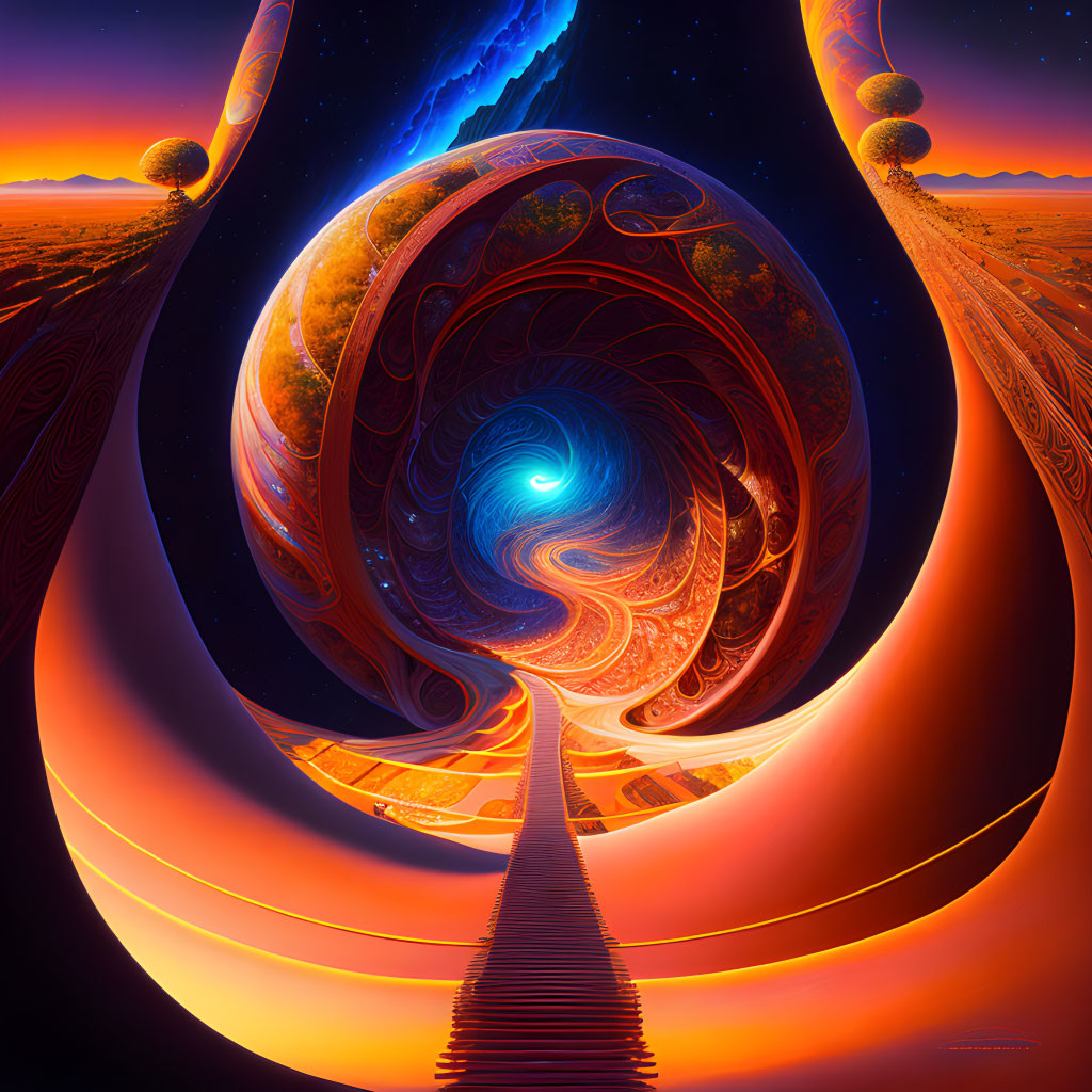 Surreal digital artwork: Winding staircase into cosmic vortex