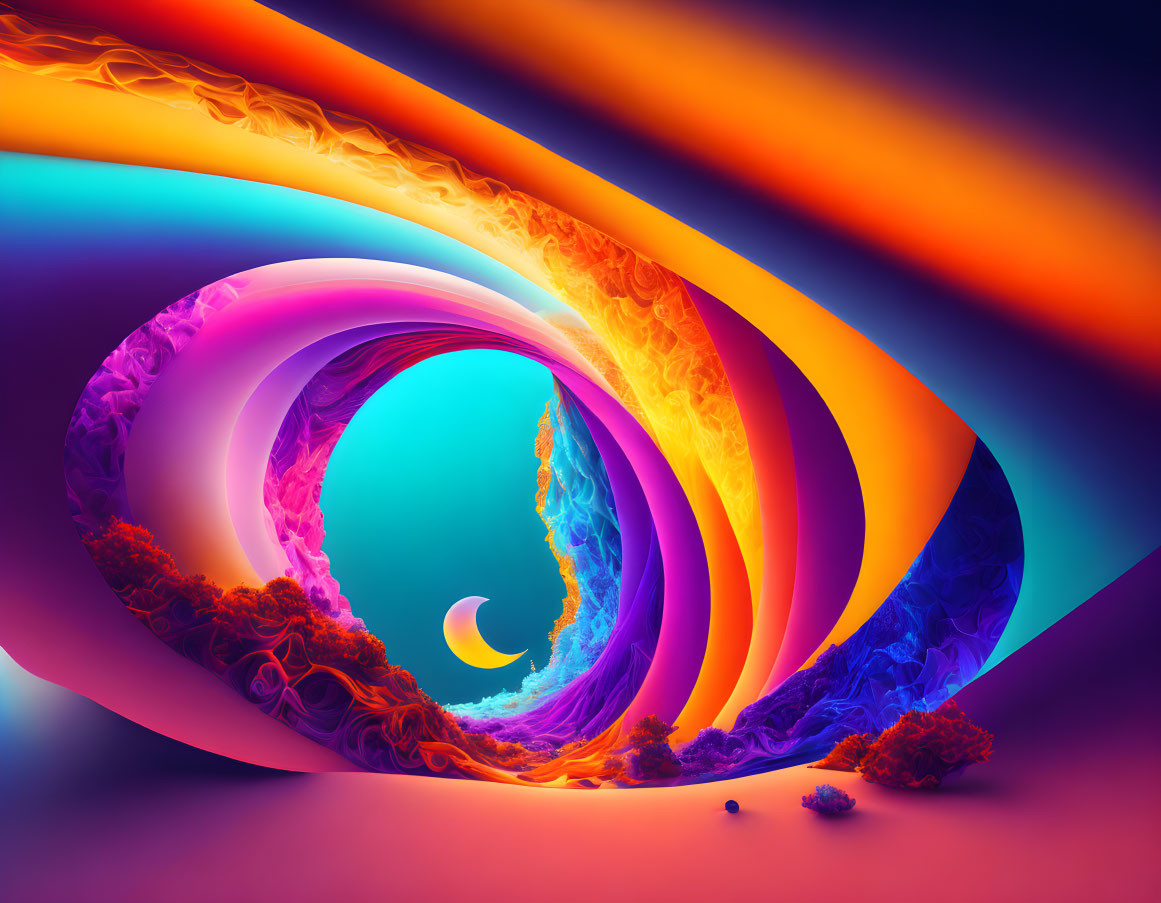 Colorful Abstract Digital Artwork: Swirling Waves in Blue, Purple, Orange, Red, with