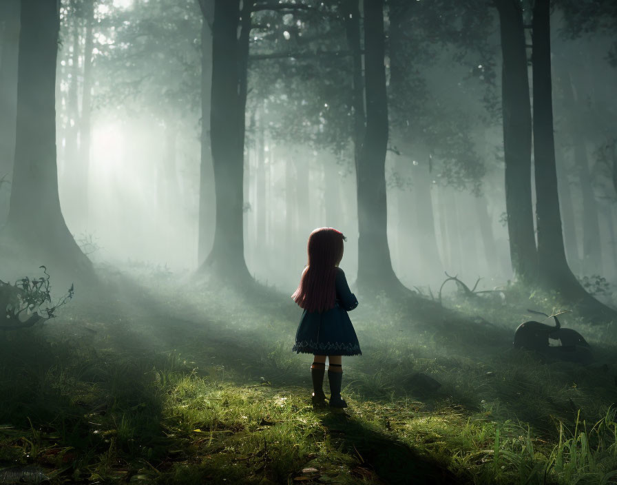 Red-haired girl in blue dress in misty forest with suitcase