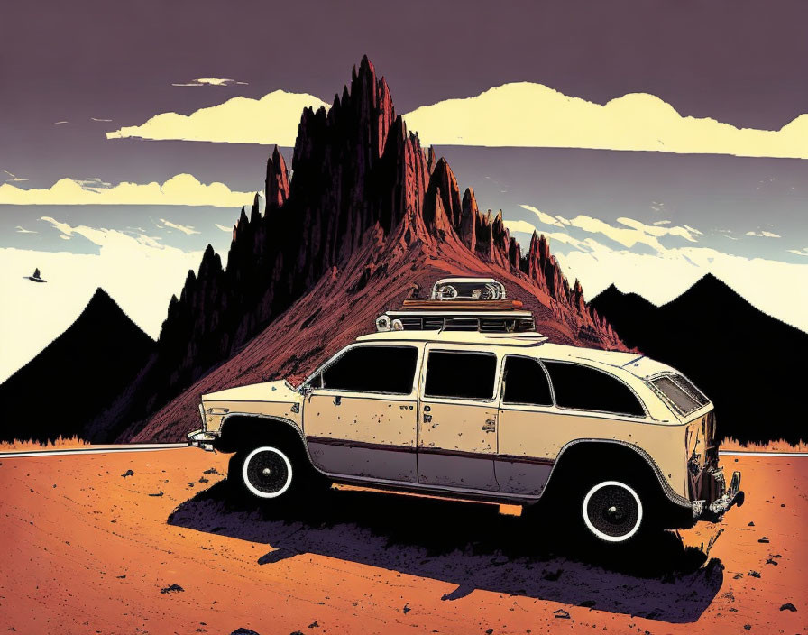 Vintage Station Wagon in Desert with Mountain and Purple Sky