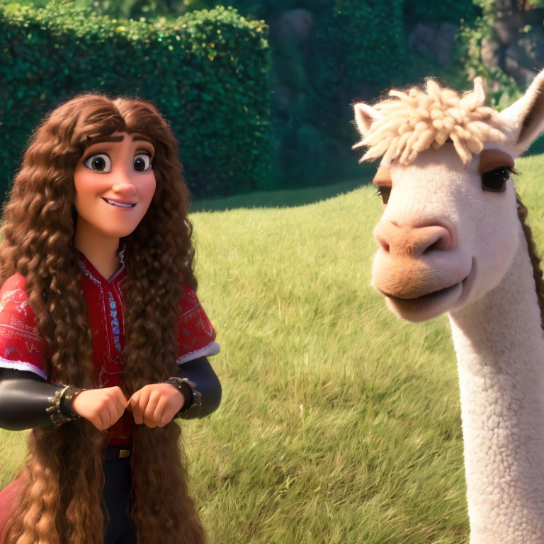 Brown Curly-Haired Girl with White Llama on Sunny Grassland