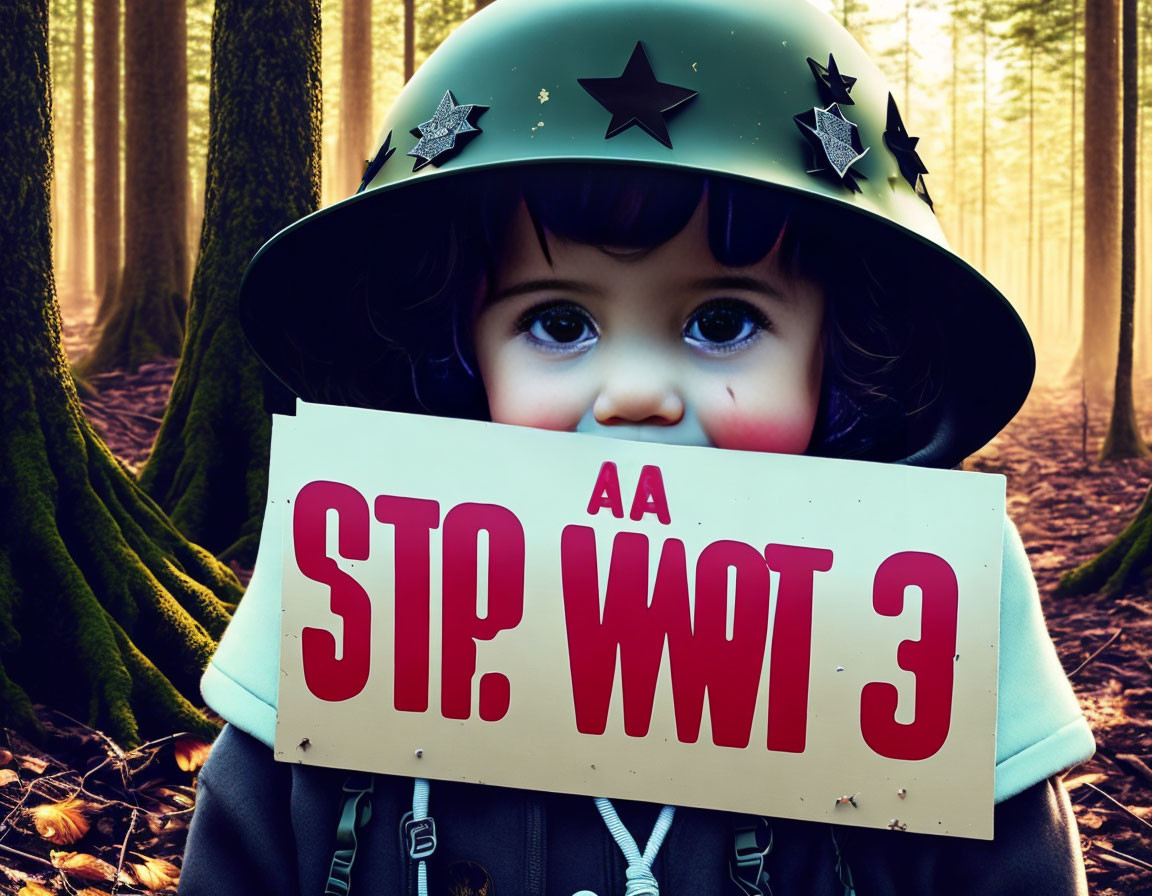 Child in helmet holding "STOP" sign in forest with golden light