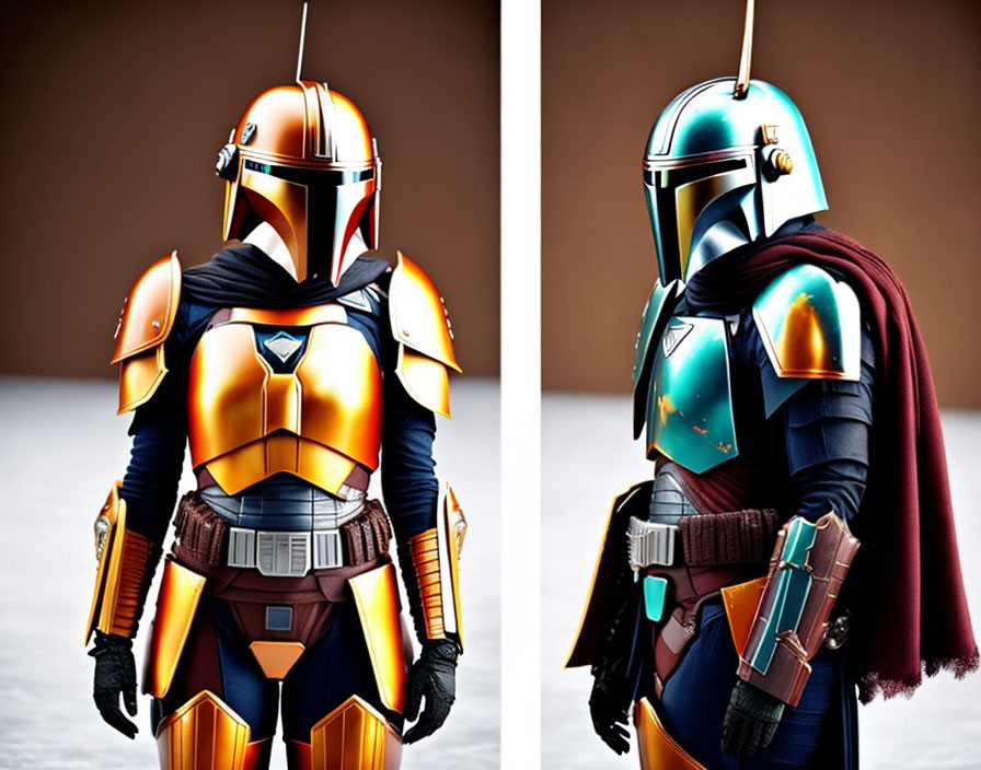 Pair of Mandalorian Armor Figures in Gold and Blue and Classic Green and Red