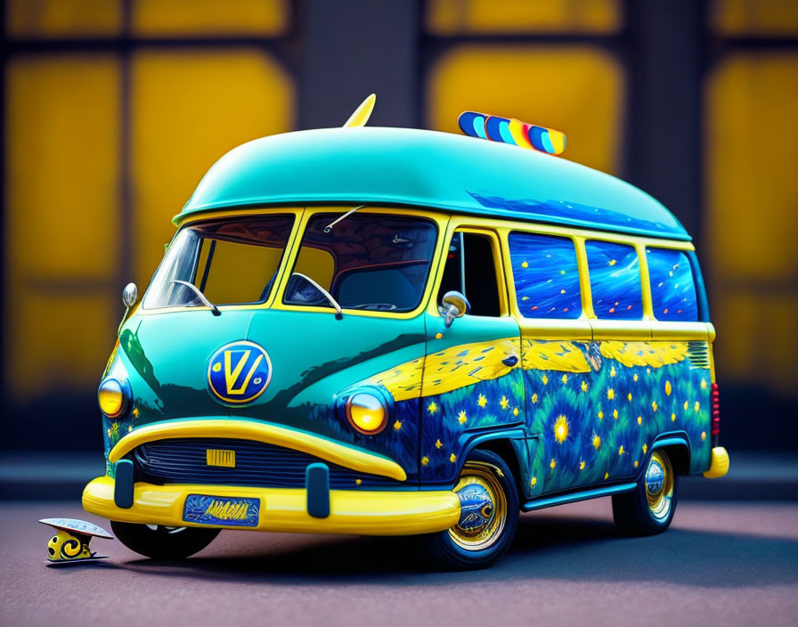 Vibrant retro van with starry paintwork and surfboard for a beach vibe