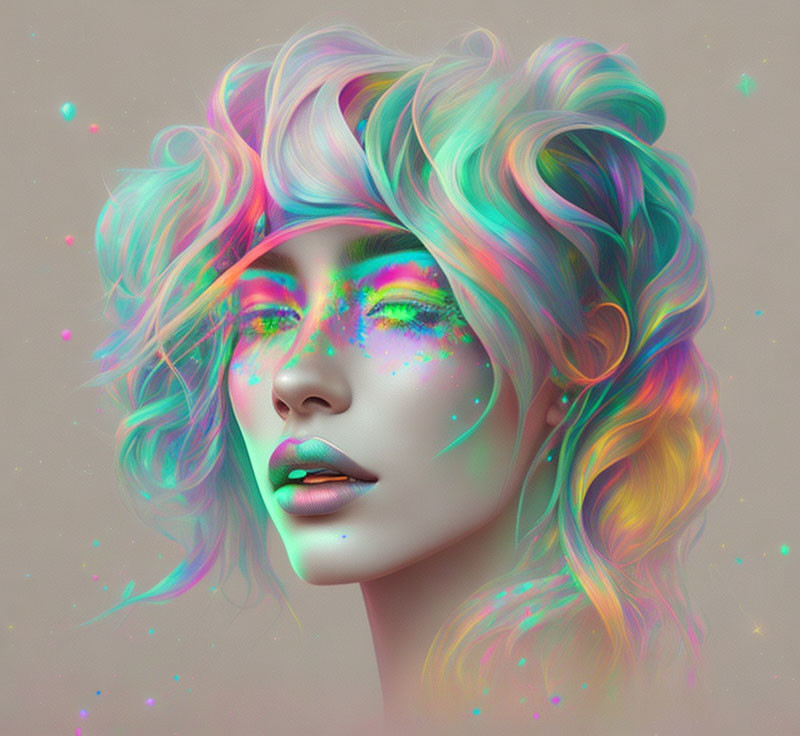 Colorful Swirling Hair and Neon Makeup in Digital Art