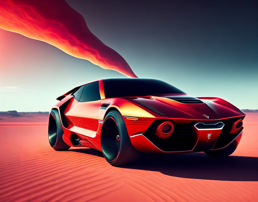 Futuristic Red and Black Car on Desert Terrain with Dramatic Sky