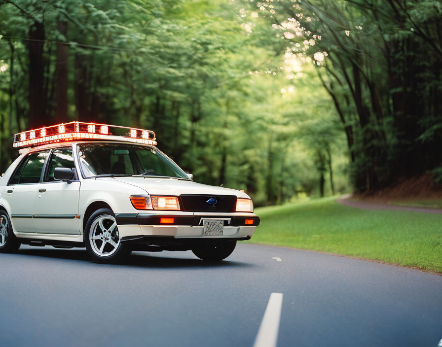 Vintage car with roof emergency lights on tranquil tree-lined road