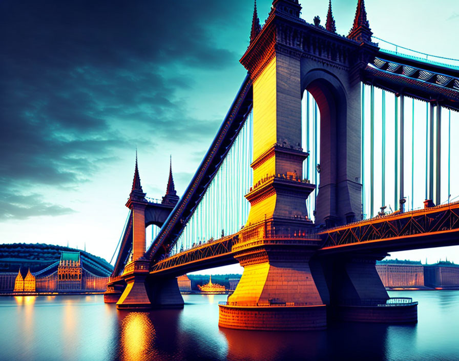 Gothic-style bridge towers over calm river at twilight