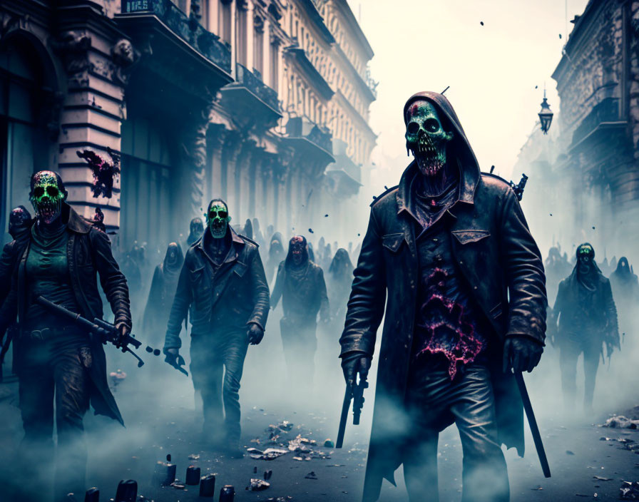 Group of people in zombie costumes with skull makeup in foggy urban setting