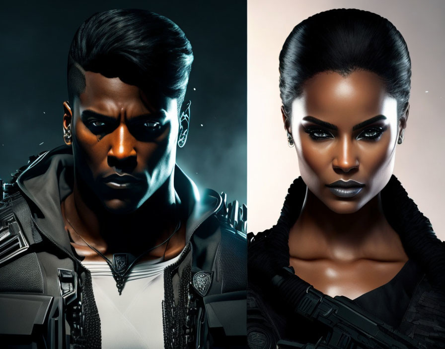 Futuristic military-themed art of man and woman in dark attire