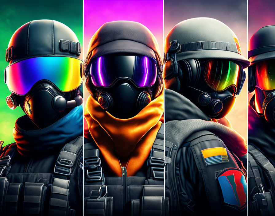 Four individuals in tactical gear with colorful visors and helmets against vibrant multicolored background