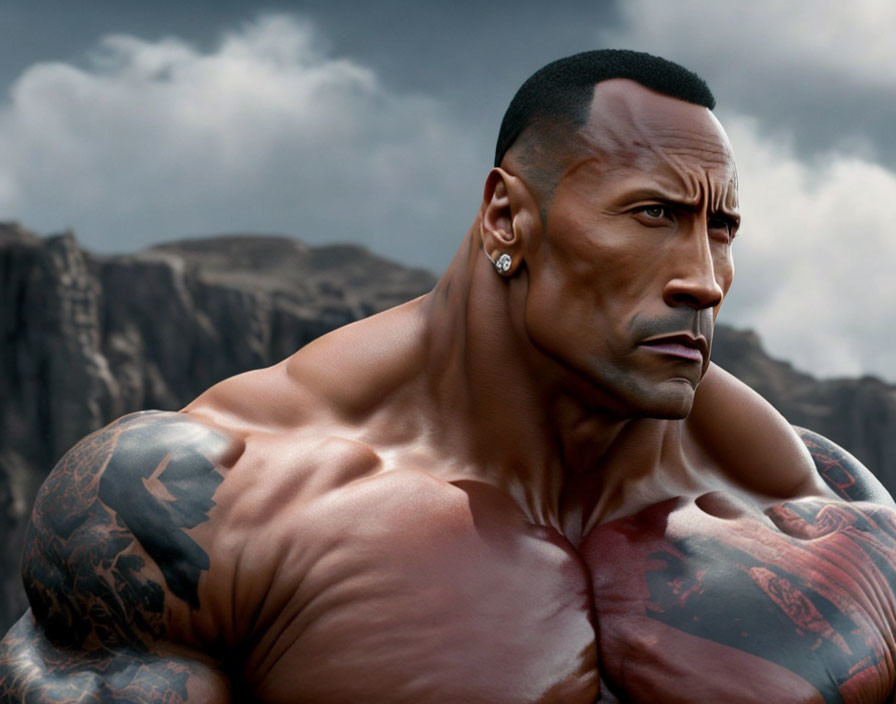 Muscular person with tattoos in digital artwork against cloudy sky and rocky terrain.