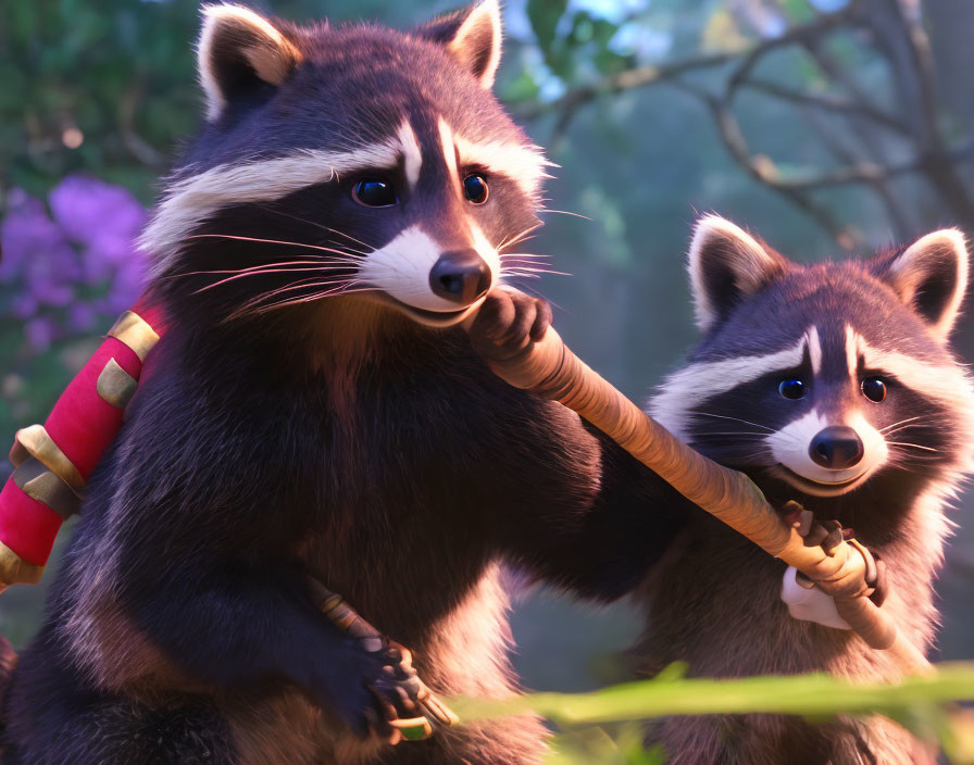 Animated raccoons with stick and red bands in greenery background.